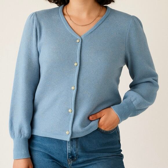 Vintage 80s Blue Knit Cardigan Sweater Pearl Buttons Floral Pattern Union USA - Picture 1 of 9